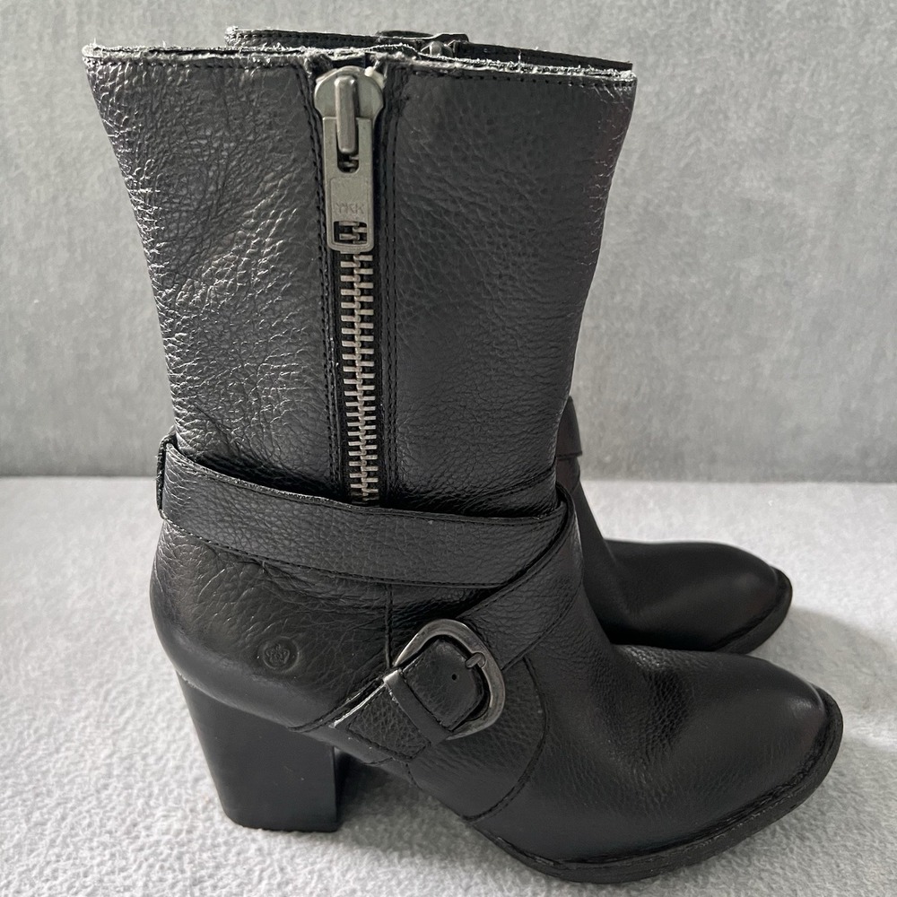 Born Women's Moto Leather Boots BLACK 6‎ M/W Biker Buckle zipper Heels Calf Zip